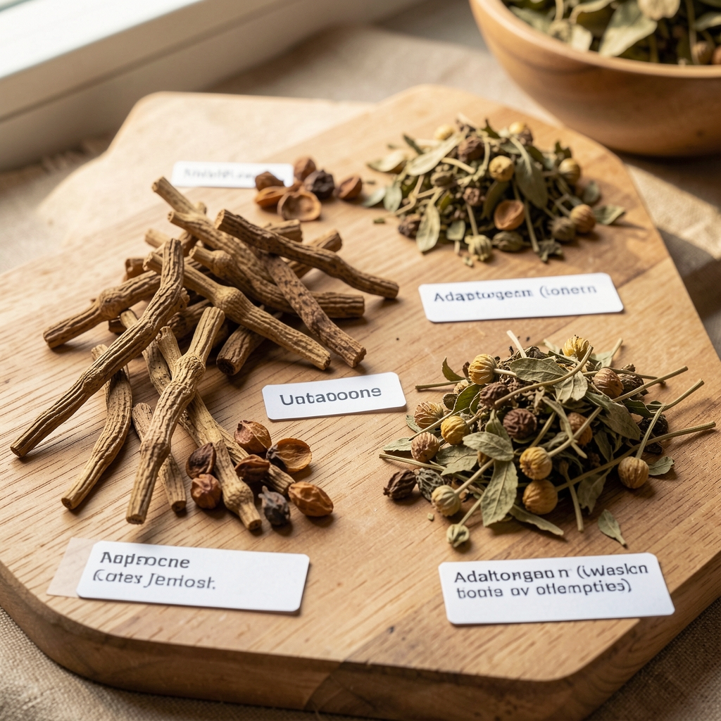 Overhead view of a flat-lay ingredient documentation set, showing mineral granules, botanical leaf samples, and handwritten notation cards on aged paper