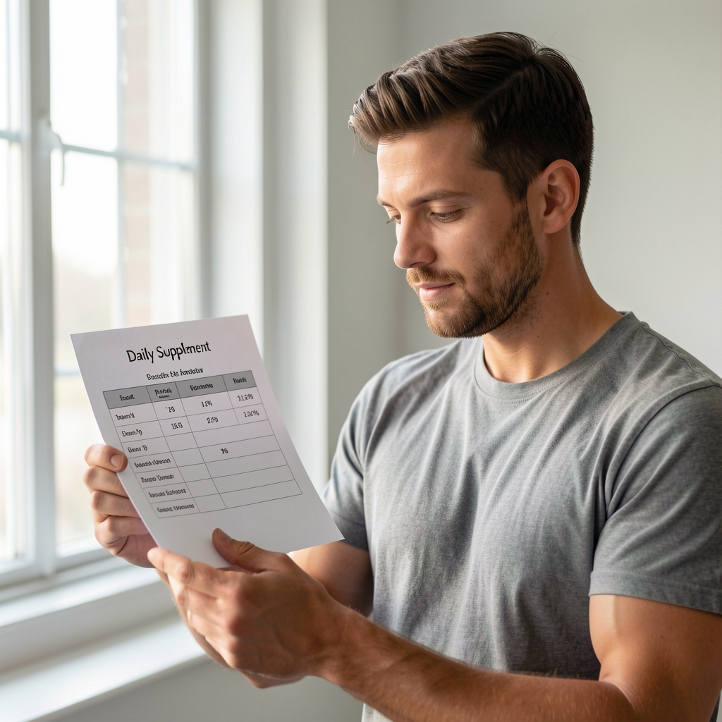 Active man in a well-lit studio setting reviewing a daily supplement schedule printed on clean card stock, morning light visible from a window