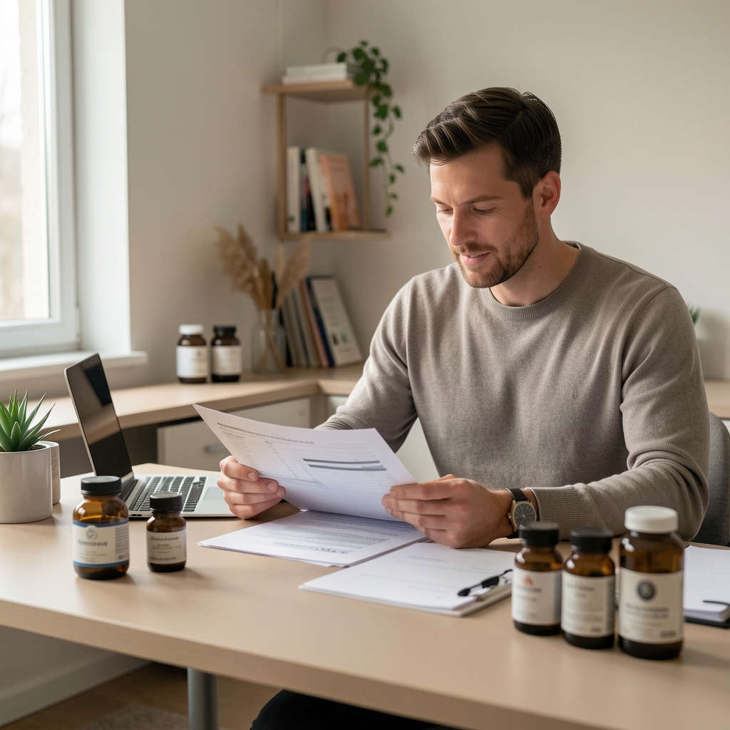 Man in his thirties reviewing ingredient reference documents at a well-organised desk with neutral-toned surfaces and morning light