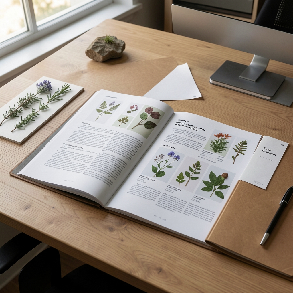 Printed catalogue entry pages spread on a desk alongside reference botanical samples and a source documentation folder, well-organised editorial workspace