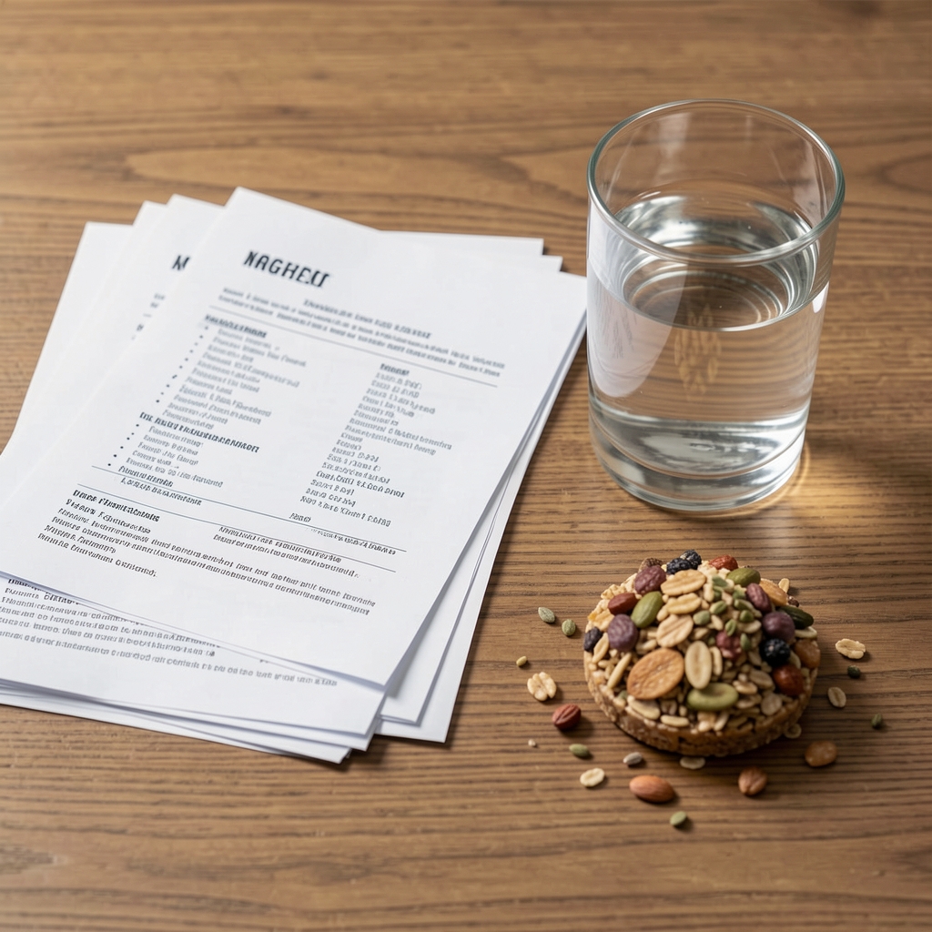 Stack of printed ingredient transparency documents beside a glass of water and a single daily serving of a whole-food formulation on a wooden surface