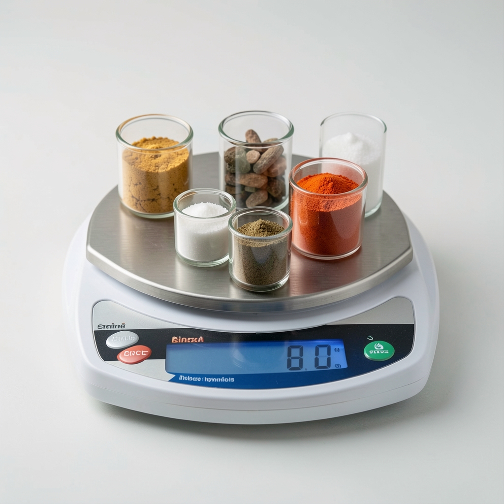 Multi-mineral ingredient composition displayed on a clean analytical balance surface, individual mineral salt samples in small glass vessels under studio lighting